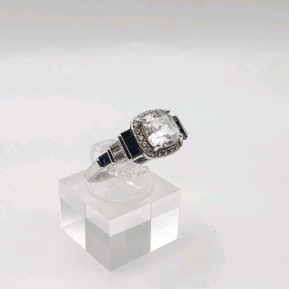 Sterling Silver 925 Cushion Cut CZ Halo with Blue Accents Ring Size 8